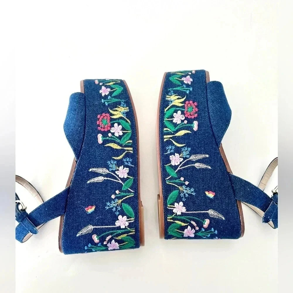 Etienne Aigner Sofhia Floral Embroidered Denim Platform Strappy Shoes‎ Size 6.5 - Picture 11 of 16
